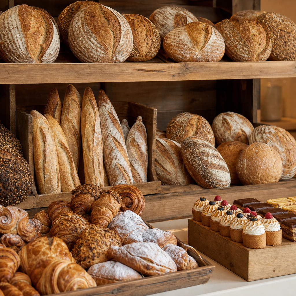 A freshly stocked bakery display of golden sourdough loaves, baguettes, croissants, pastries and small cakes arranged on rustic wooden shelves.