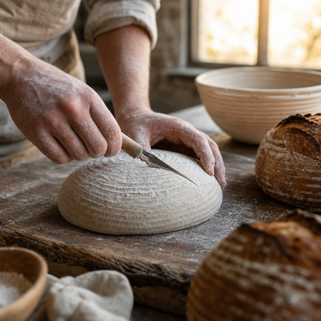 A baker's flour-dusted hands scoring a round sourdough loaf on a wooden bench at dawn, with proving baskets and freshly baked loaves cooling nearby.