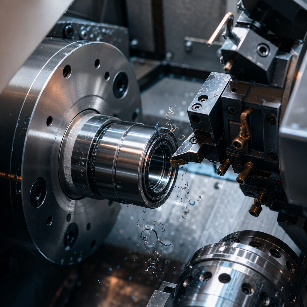 Close-up of a multi-axis CNC machine cutting a polished cylindrical metal bearing component, with fine metal swarf and coolant.