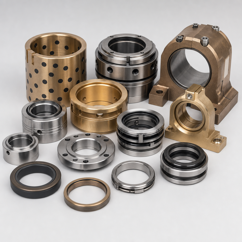 Precision-machined fluid-film bearings, mechanical seals and bearing isolators in bronze, brass and steel, arranged together.