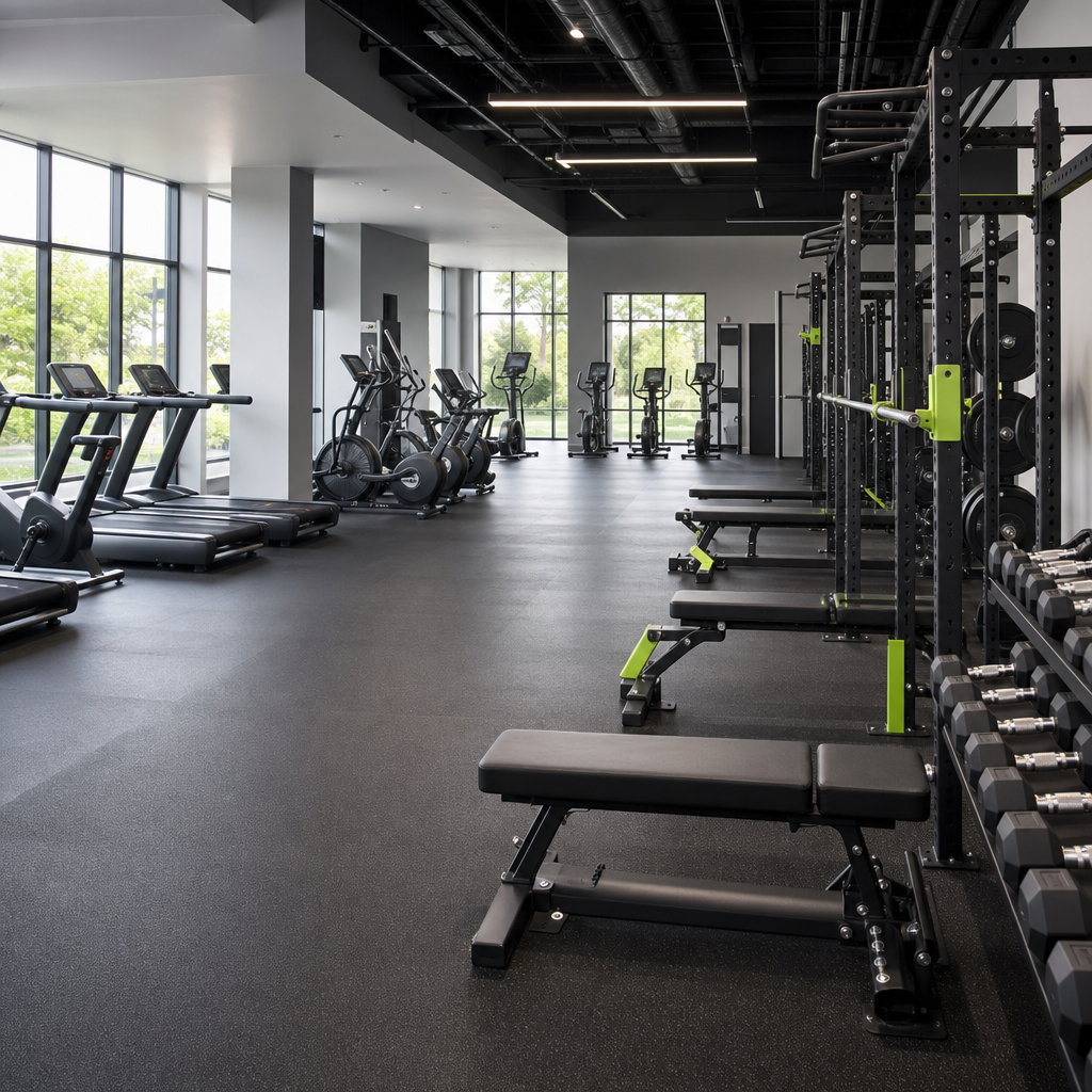 A bright, modern gym floor with rows of cardio machines and a strength training zone with racks and dumbbells, the workspace this manager runs.