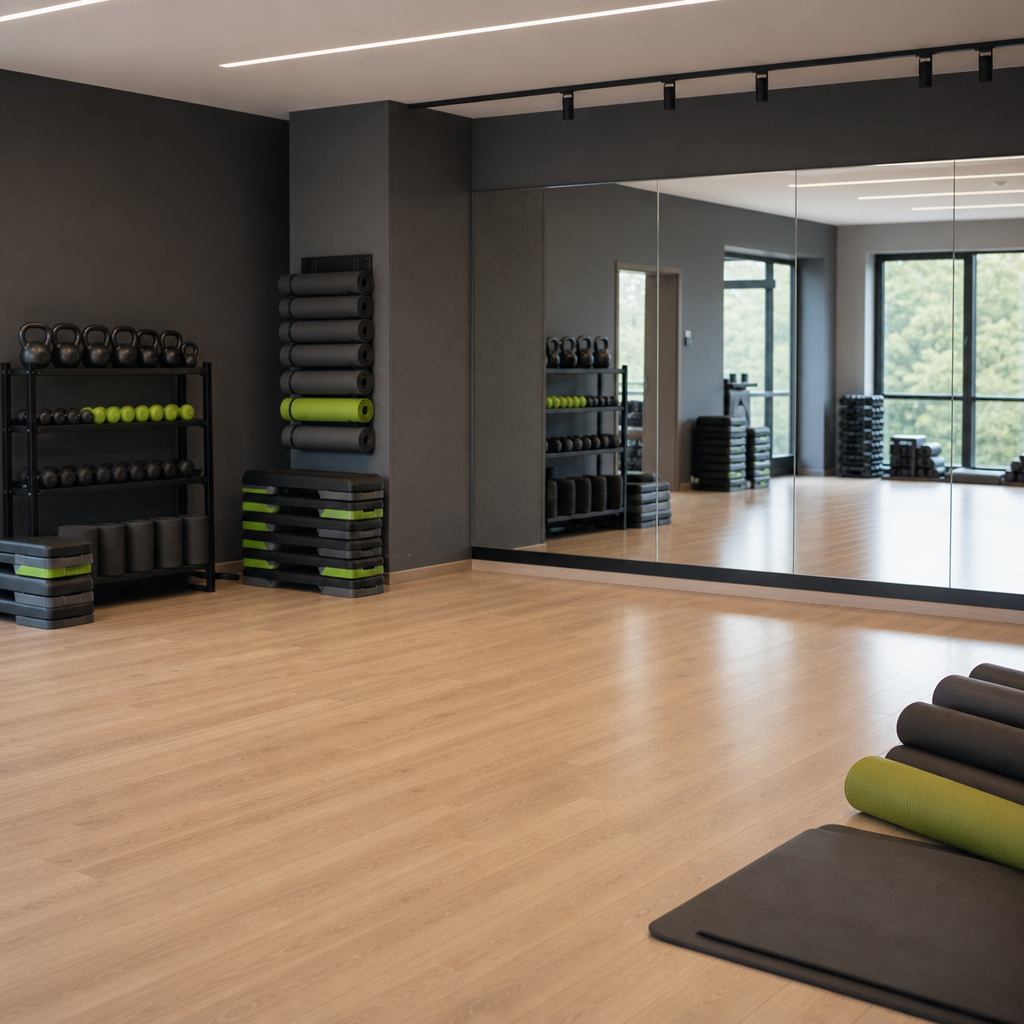 An empty group exercise studio with a wooden floor, a mirrored wall and neatly stacked mats and step platforms, the kind of class space this role manages.